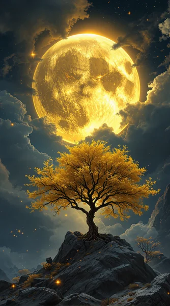 Surreal Fantasy Landscape: Golden Moon and Solitary Tree