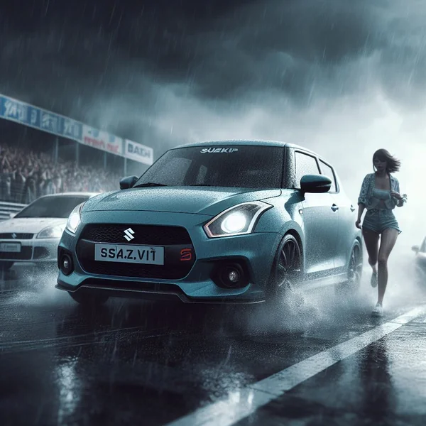 Swift and Cars on Racetrack with Girl in Bad Weather