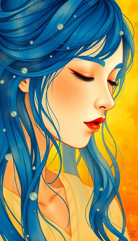 Sapphire Hair Woman: Romantic "Stars Art" Style Illustration