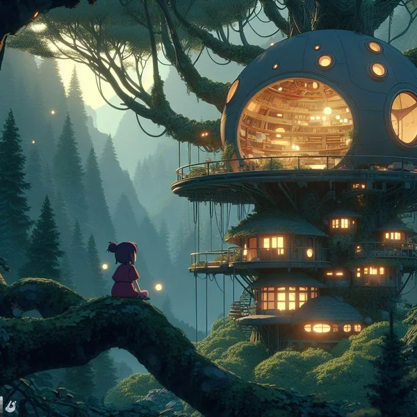 Ghibli Style Futuristic Forest Girl Scene