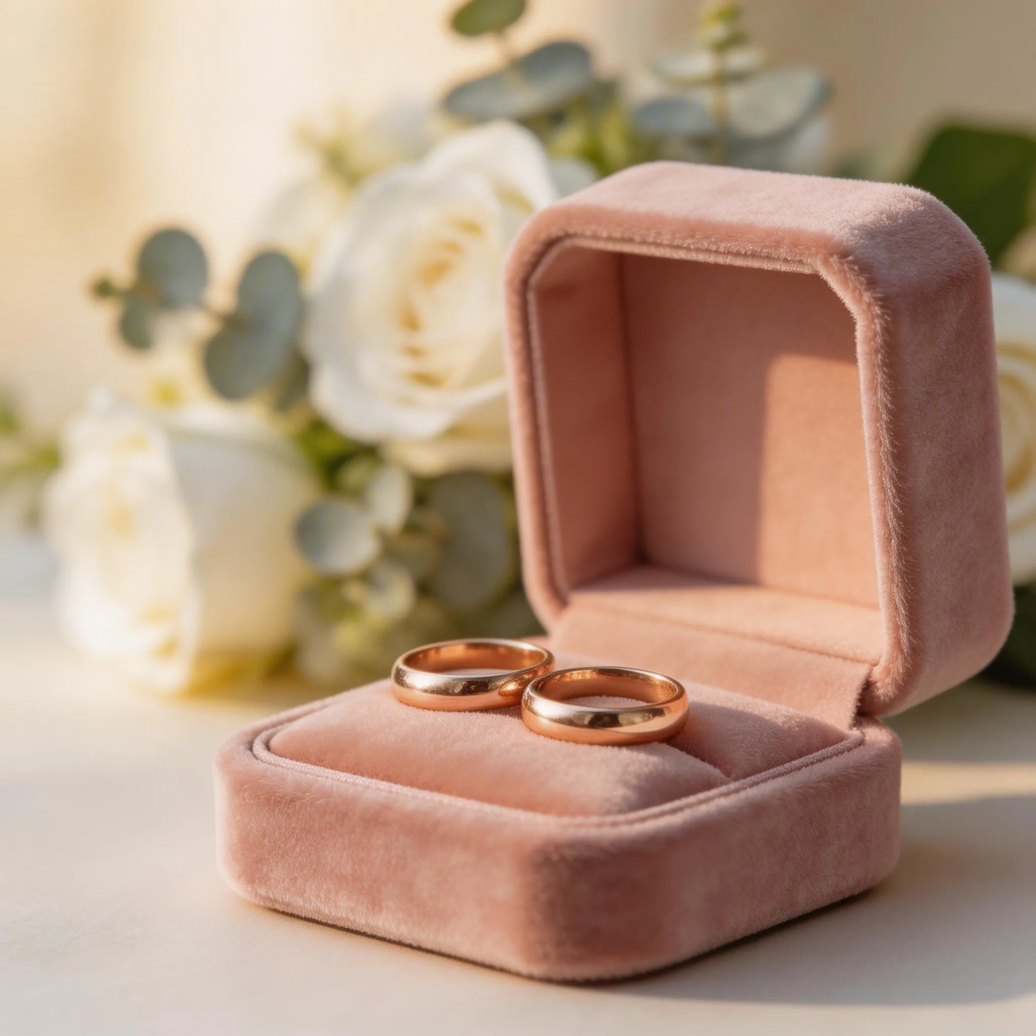 A Close-up Shot Of Two Matching 18k Rose Gold Wedding...