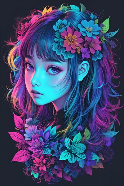 Anime Girl with Flowers and Neon