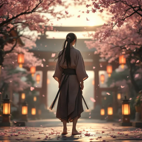 Young Samurai Temple Sunrise Portrait