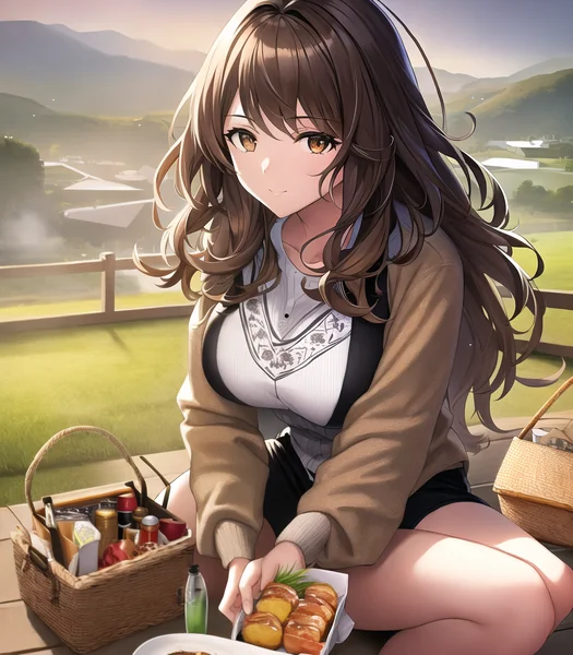Anime Picnic Girl Sunset Illustration