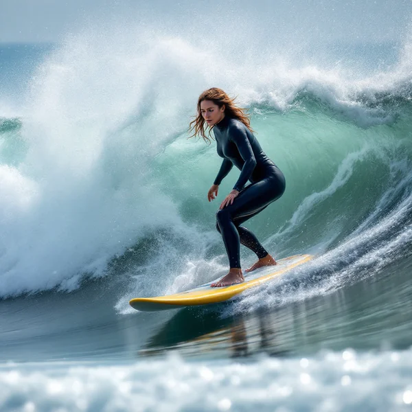 Woman Surfing Realistic Wave Shot