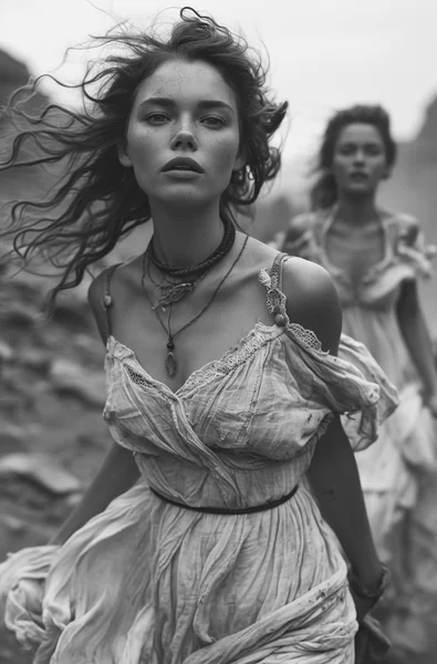 Black and White Women Running Art Photo