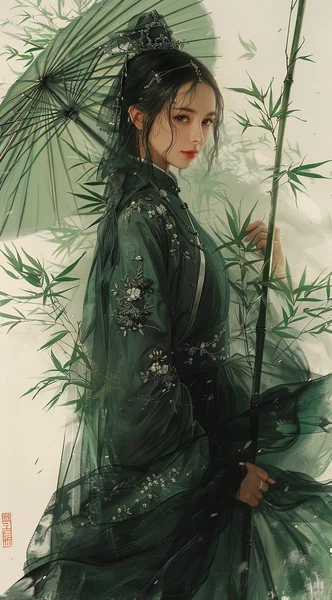 Chinese Woman with Bamboo Umbrella