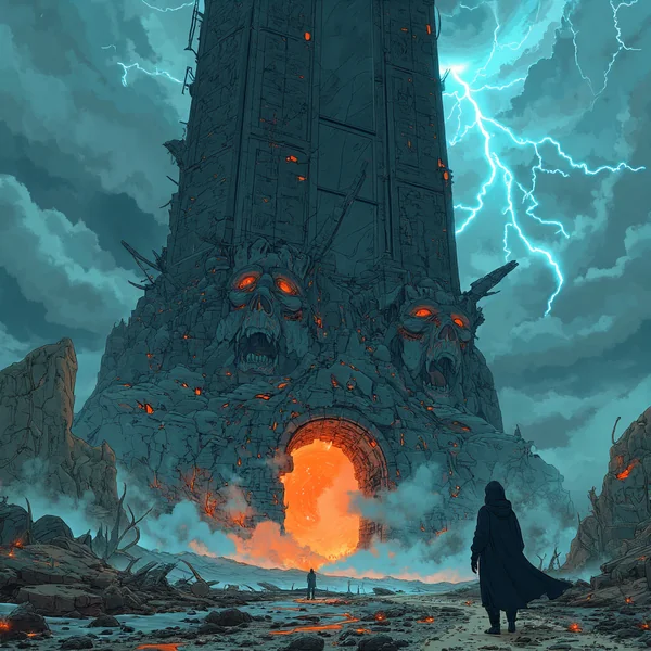 Dramatic Depiction of Ancient Tower in Stormy Wasteland
