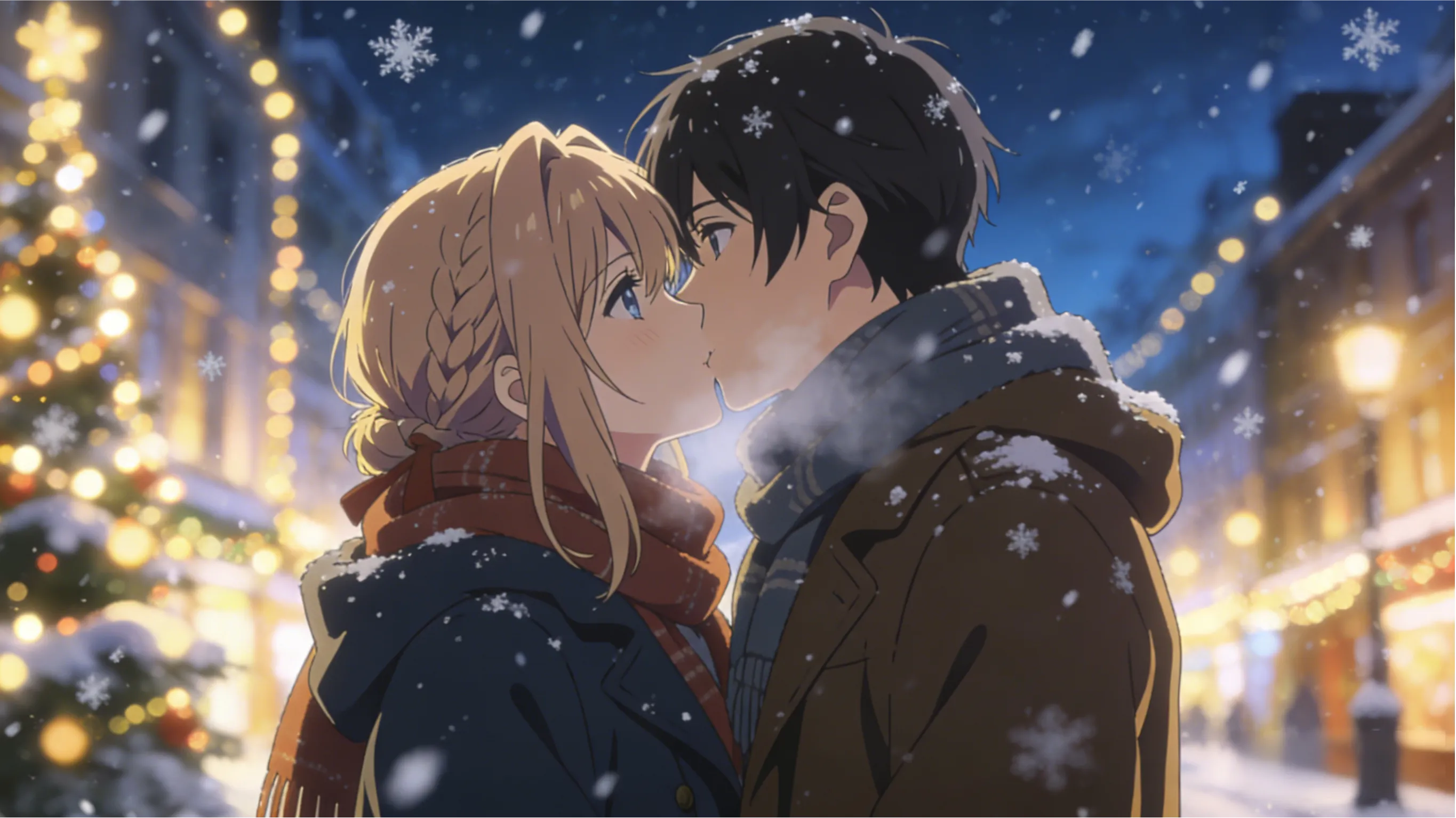 Winter Kiss Under Snowfall, Anime Couple In Coats And...