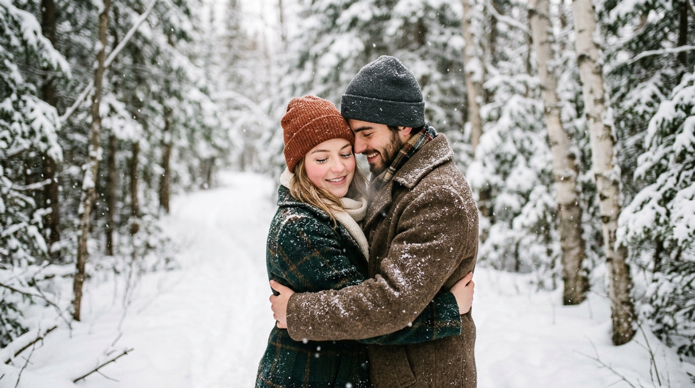 A Couple Hugging In A Forest During A Snowfall, Thick...
