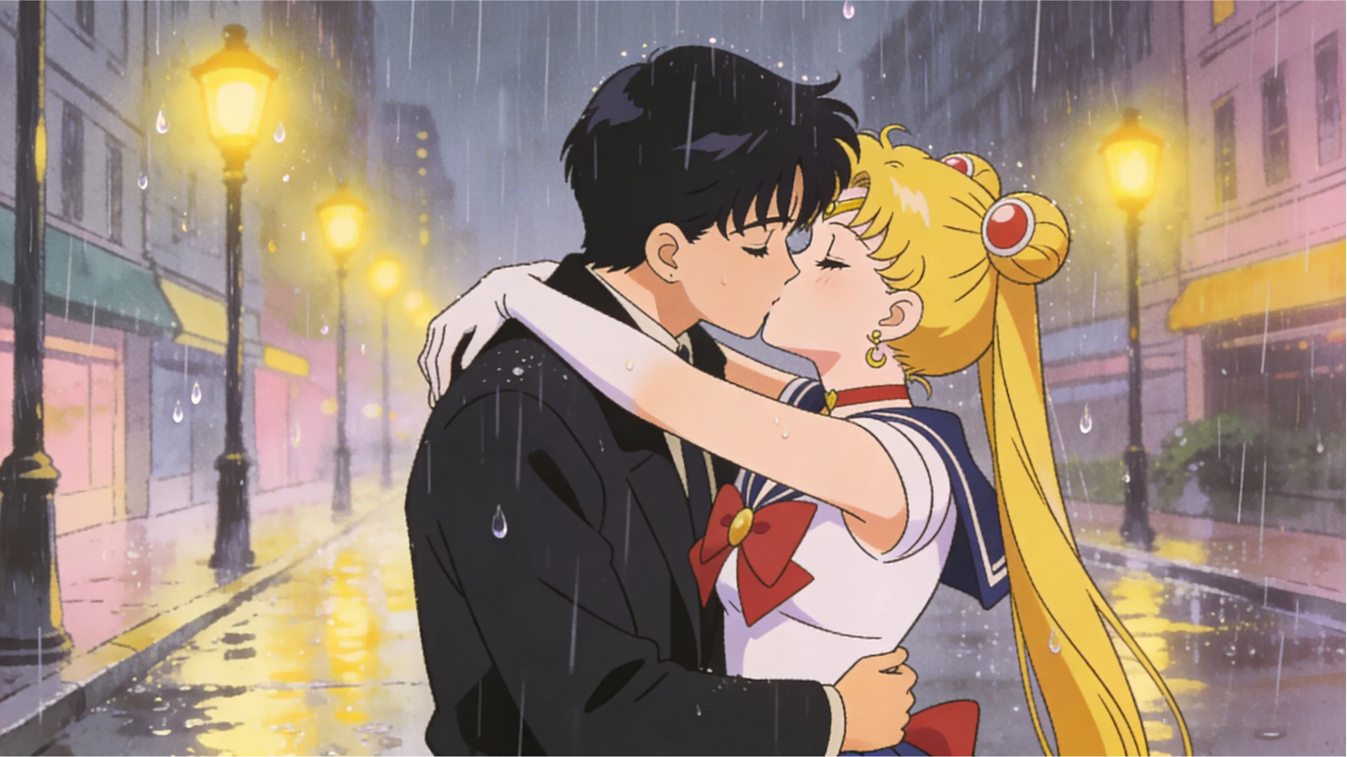 90s Retro Anime Style, A Couple Sharing A Deep Kiss In...