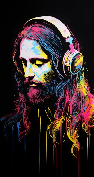 Jesus Headphones White Ink Drawing