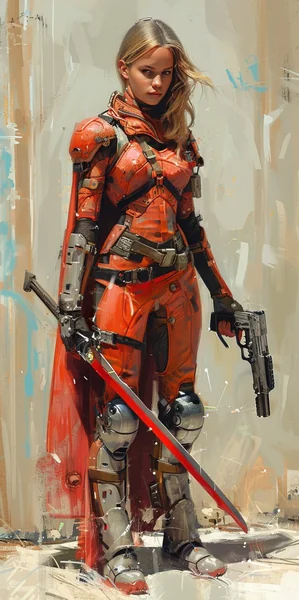 Cyberpunk Elf with Sword and Pistol