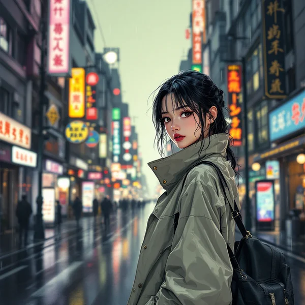Anime Cyberpunk Woman in Rain