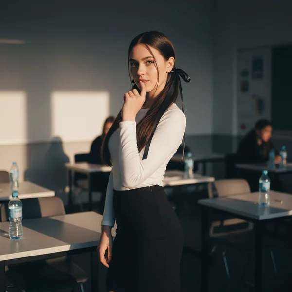 Fine Art Photo of 18 - Year - Old European Woman in Playful Classroom Pose