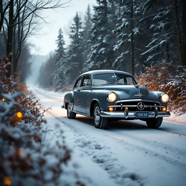 Vintage Fiat Sedan Winter Road Scene