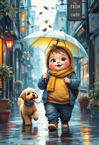 Charming Storybook Rain Illustration