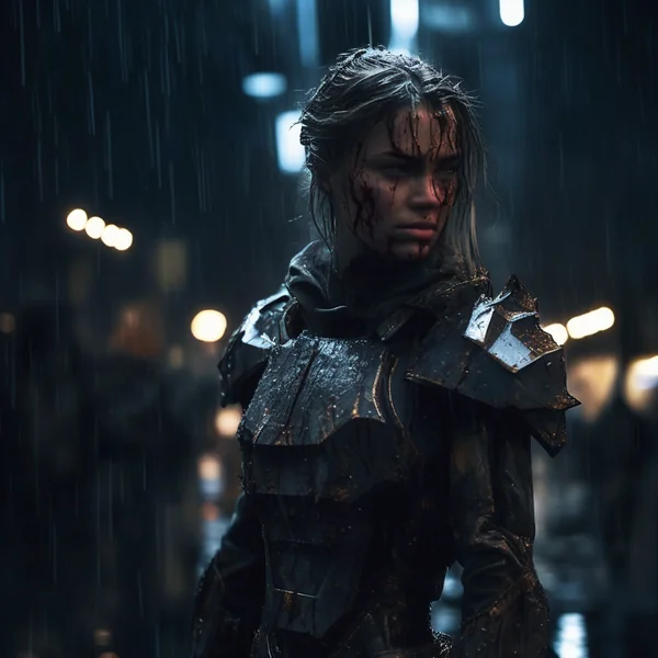 Rainy Futuristic Battle Woman