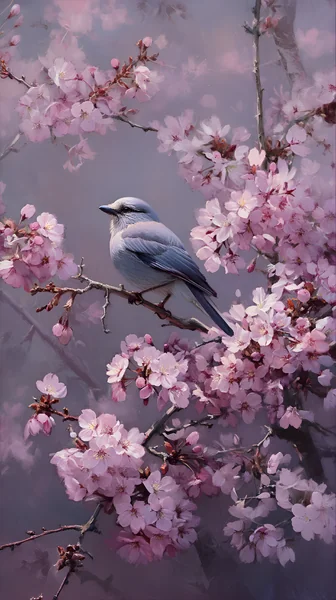 Painterly Spring Scene: Bird on Cherry Blossom Branch