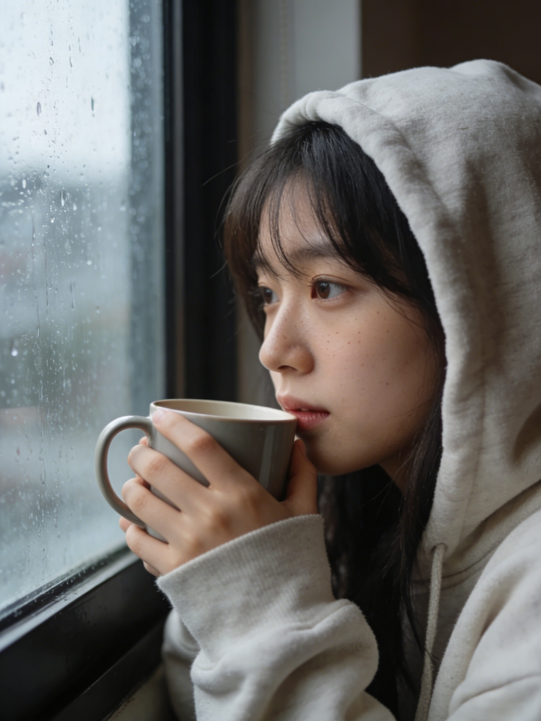 Korean Girl By A Window On A Rainy Day, Wearing A Cozy...