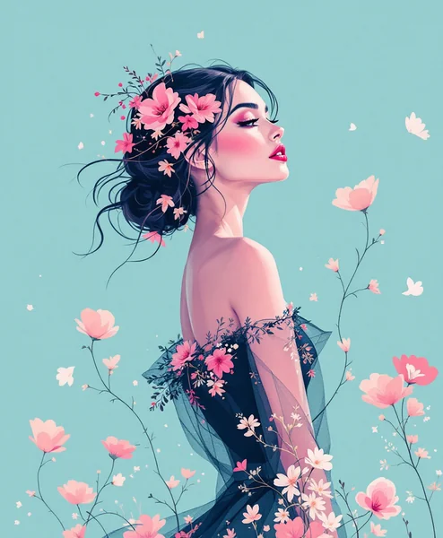 Ethereal Woman in Floral Hat and Pink Gown: Digital Illustration