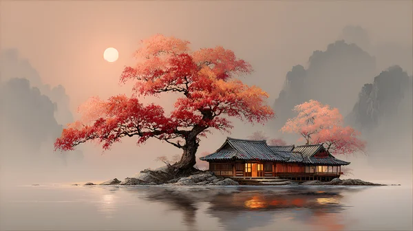 Peaceful Island with Traditional House and Majestic Tree