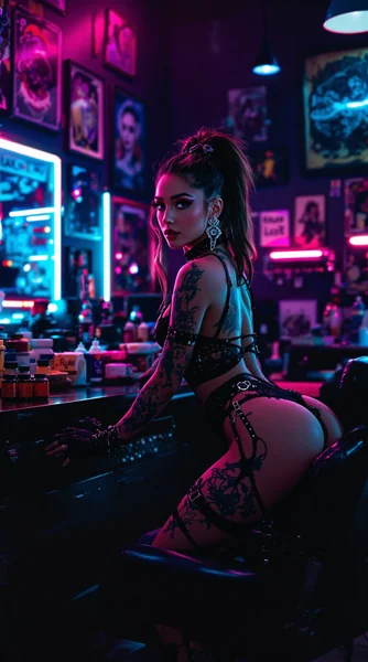 Edgy Portrait of Ariana Grande as Tattoo Artist in Neon Studio