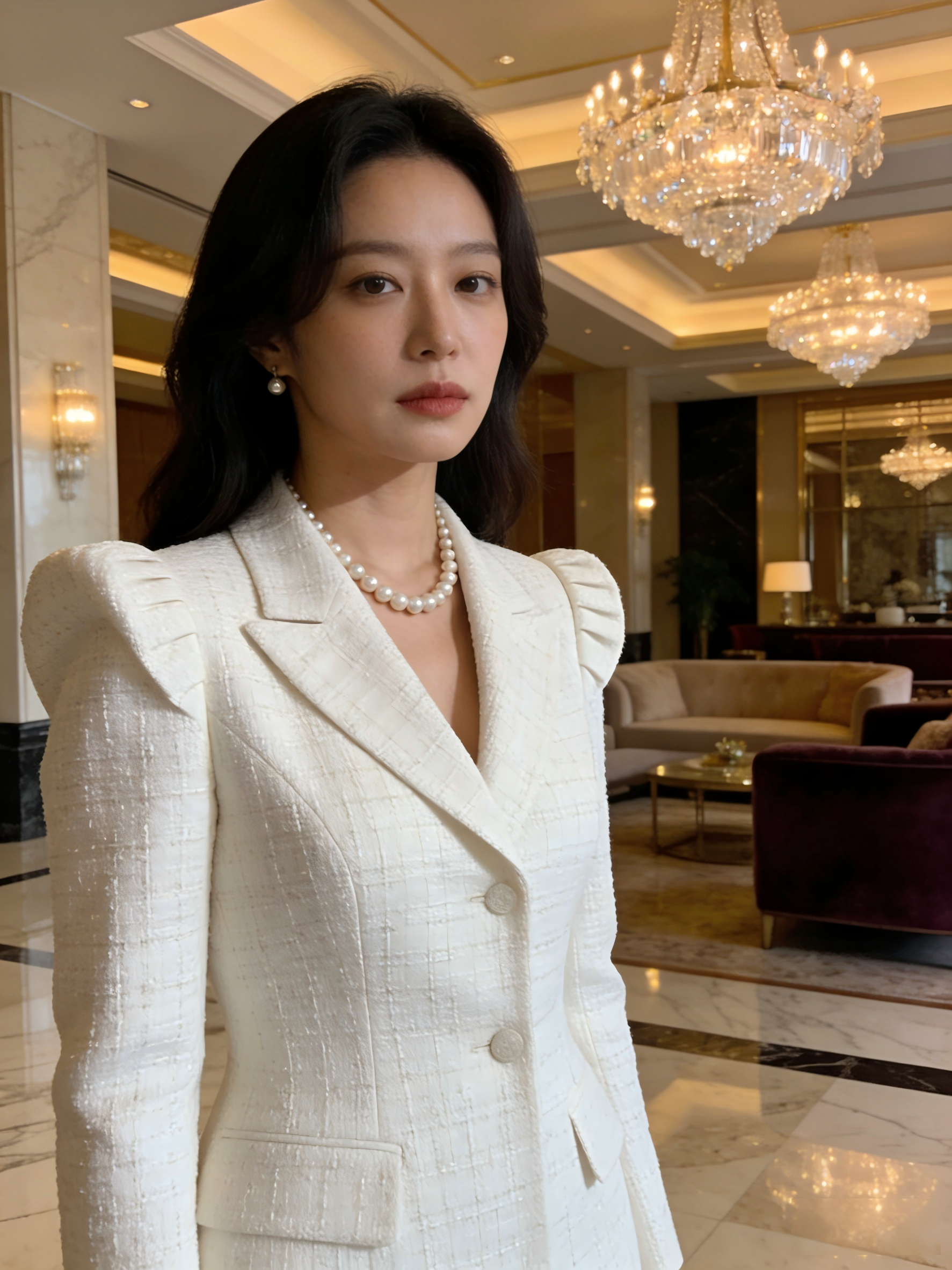 A Sophisticated Korean Woman In A Luxury Hotel Lobby,...