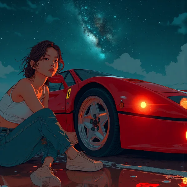 Wide - Angle Cinematic Photo: Woman and Ferrari F40 at Night