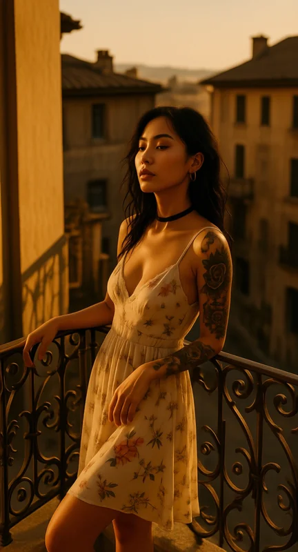 Golden Hour Balcony Sunbathing: Vintage Charm & Natural Beau