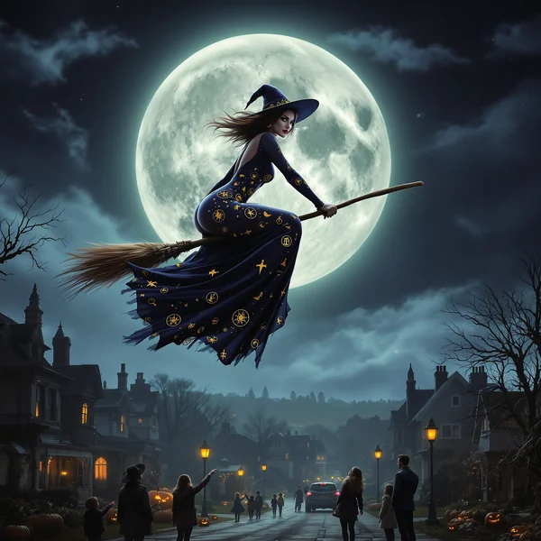 Witch Flying Over Halloween Town