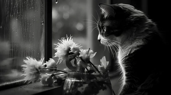 Sad Black and White Cat in Rain Window