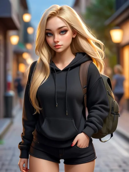 Young Woman Walking City Lights