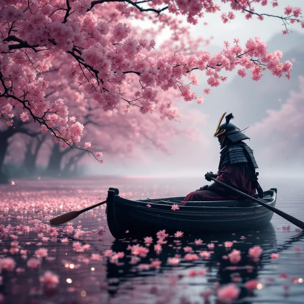Samurai Boat Cherry Blossom Scene