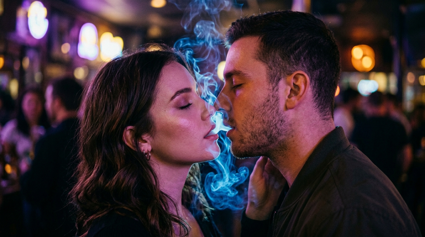 A Close-up Cinematic Shot Of A Couple About To Kiss,...