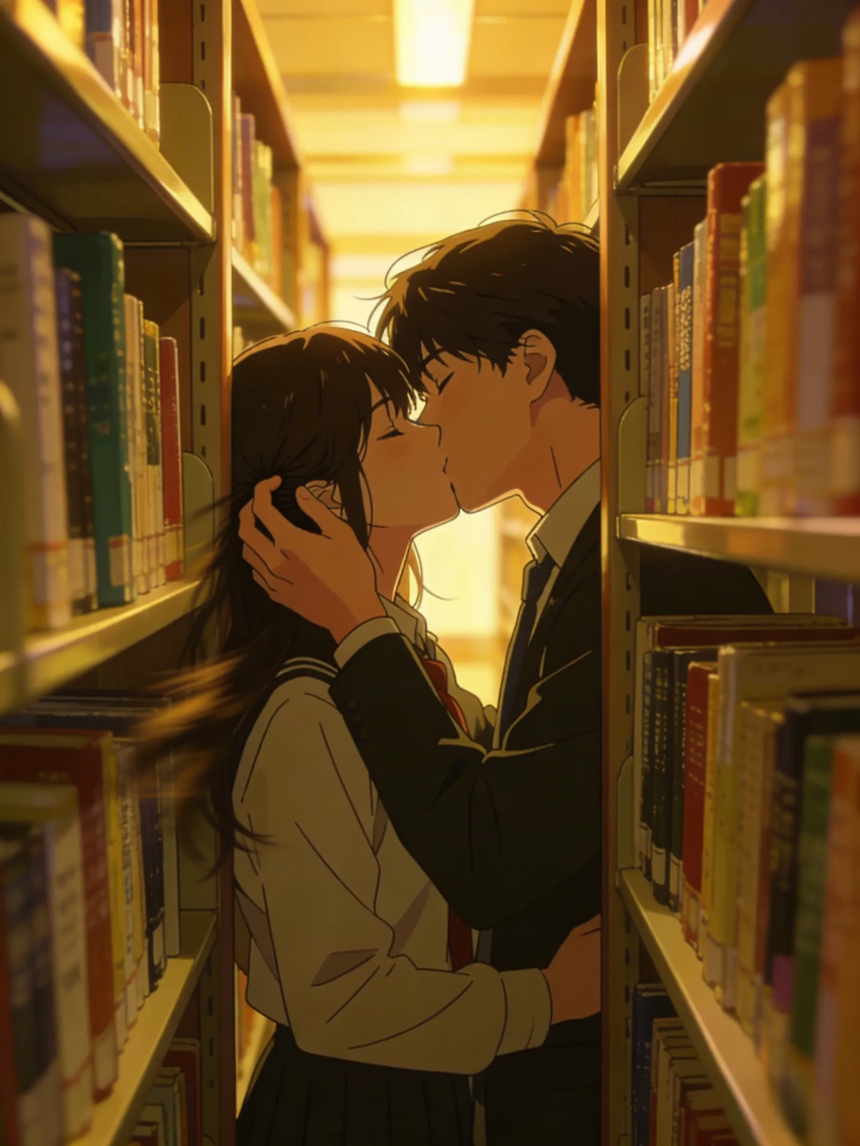 Anime Couple Kissing In A Library Aisle, Hidden...