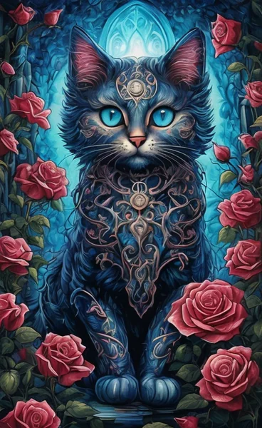 Blue-Eyed Cat Rose Garden Painting