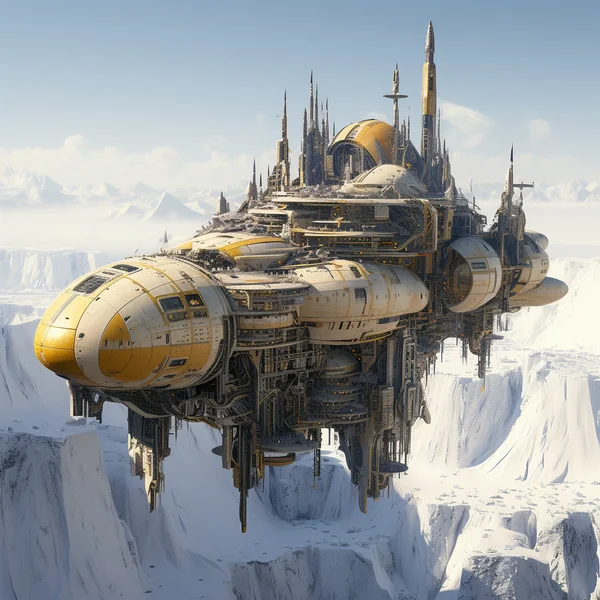 Futuristic Spaceship in Frozen Ruins