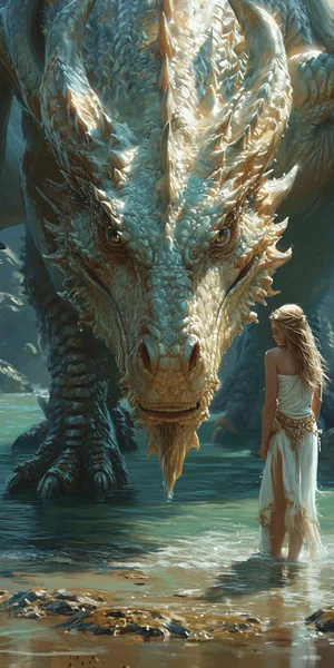 Woman and Dragon Fantasy Scene
