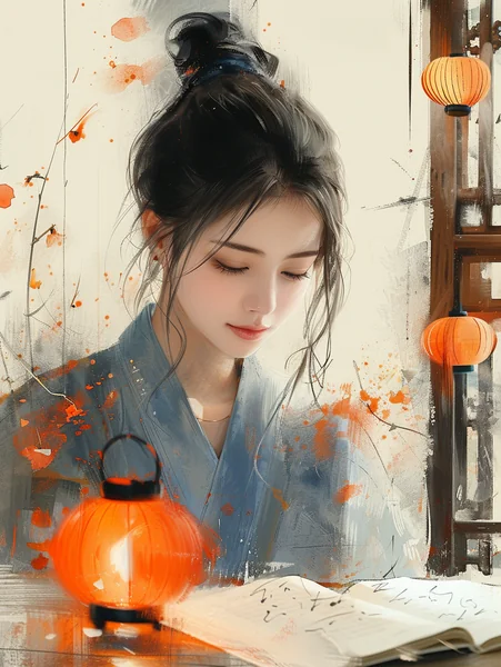 Chinese Girl Reading Lantern Art