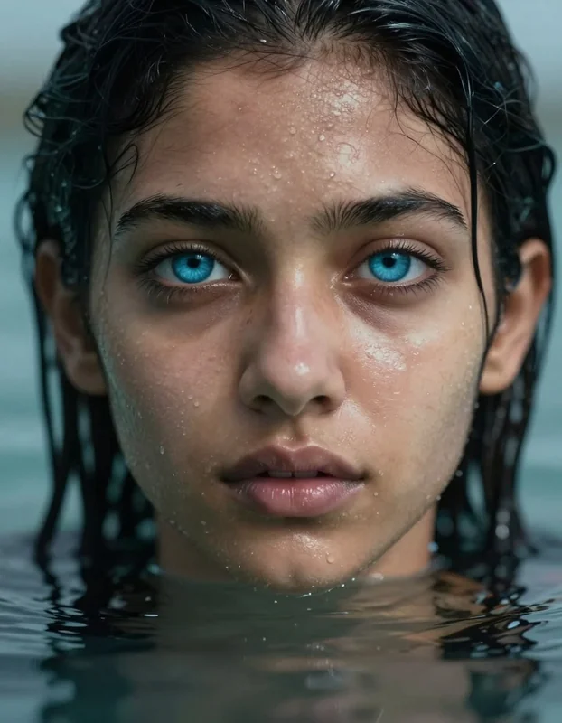 Dystopian Realism Woman Portrait Blue Eyes Water Art