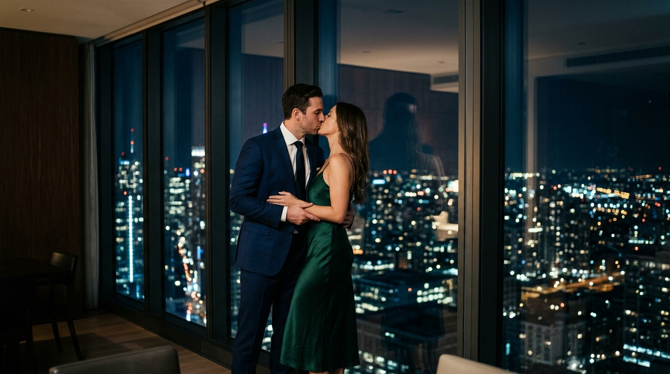 A Sophisticated Couple Kissing Against A Glass Wall In...