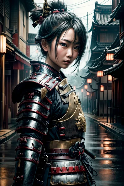 Samurai Woman Rainy Cyberpunk City