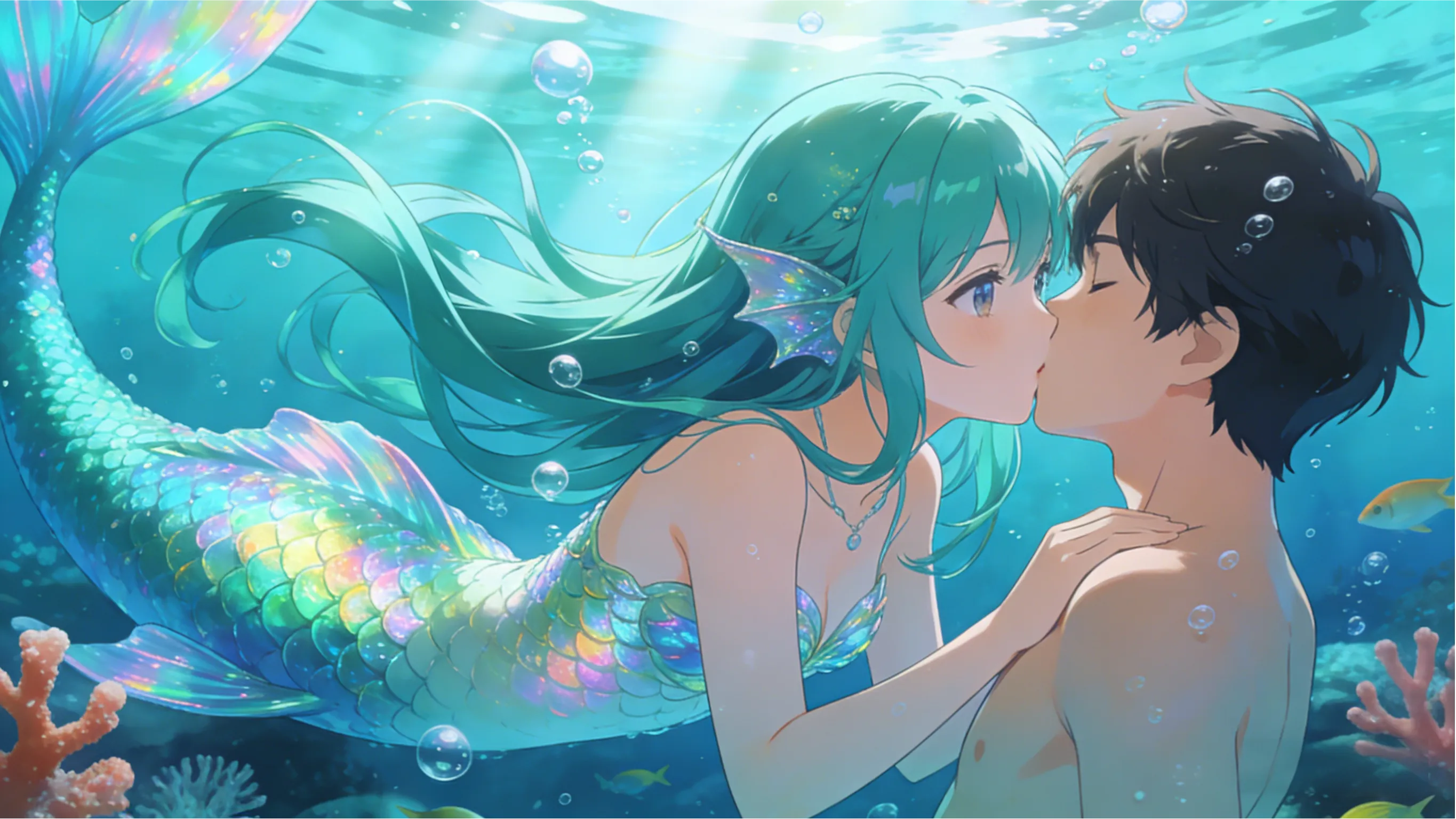 Underwater Kiss, Mermaid Anime Girl With Flowing Teal...