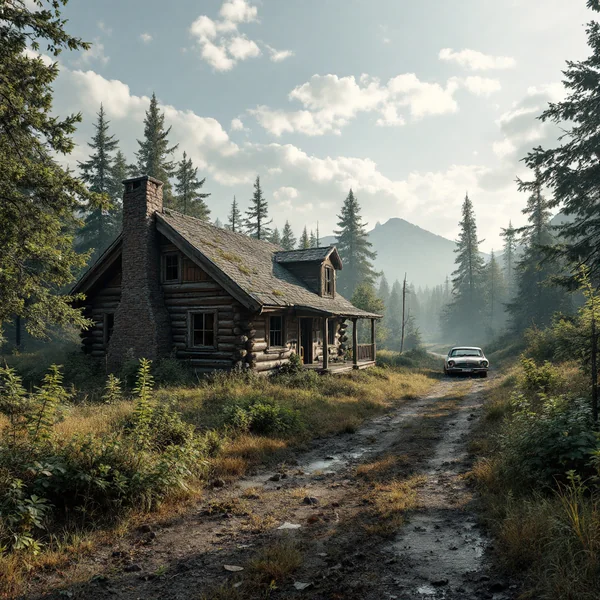 Abandoned Cabin with Vintage Car