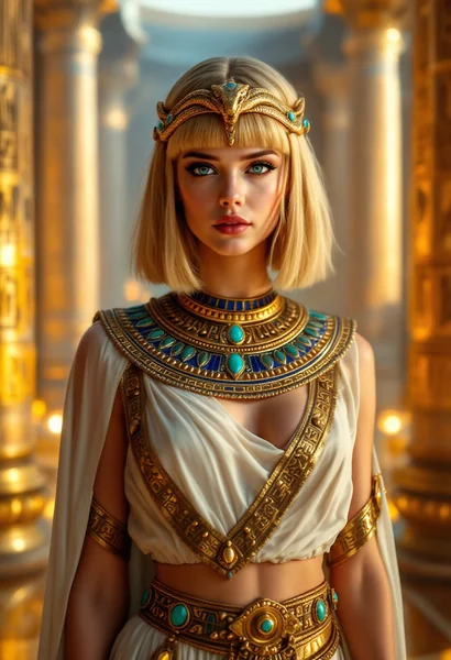 Regal Depiction of Elle Fanning as Cleopatra in Egyptian Palace