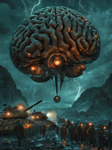 Giant Brain vs Military: Surreal and Dread - filled Showdown