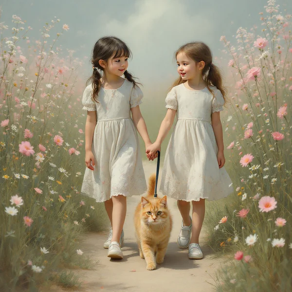 Pastel Meadow Children Oil Painting