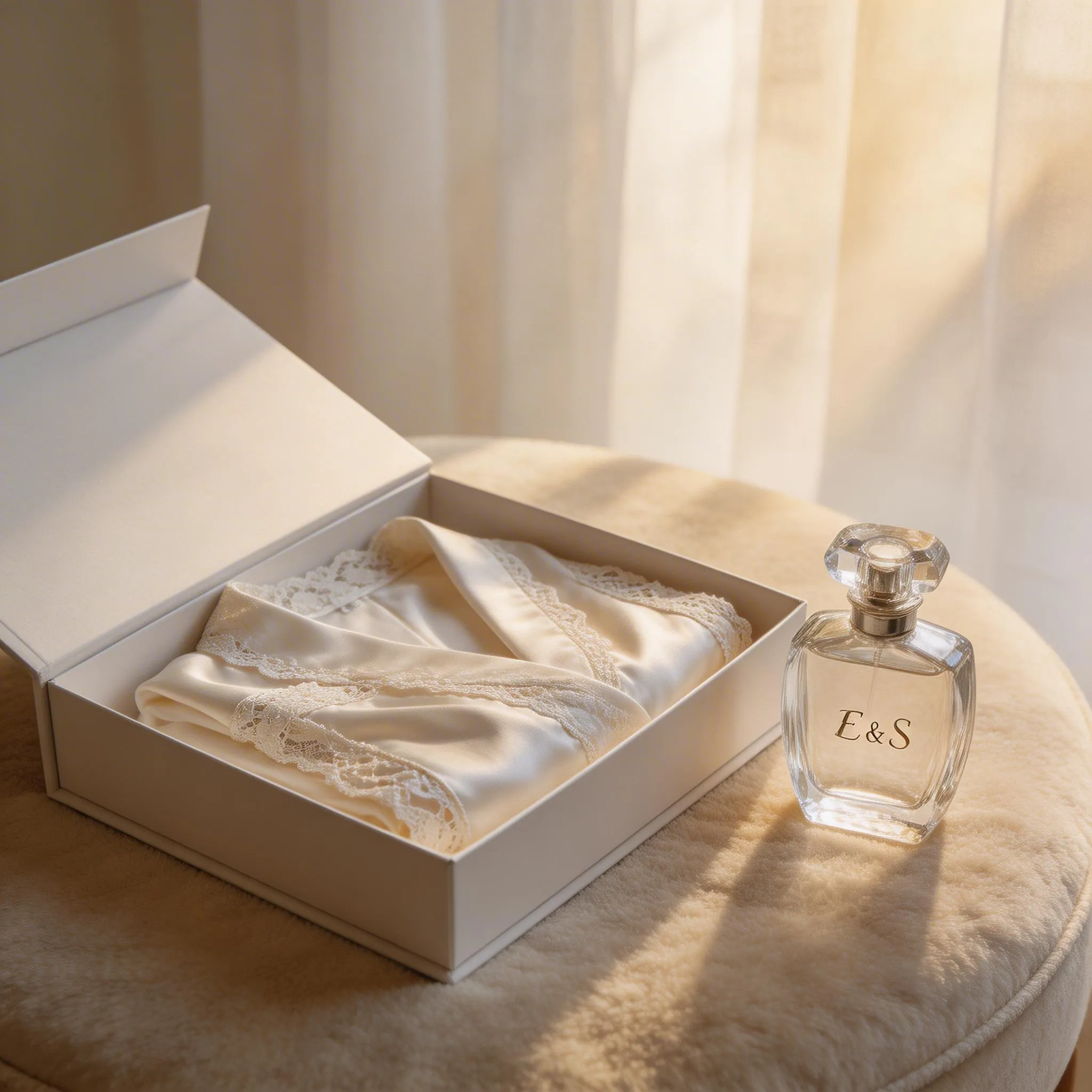A Lifestyle Close-up Of A Wedding Gift Set On A Plush...