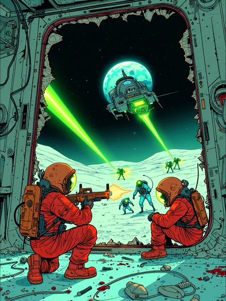 Gritty Comic - Style Illustration of Astronauts' Last Stand